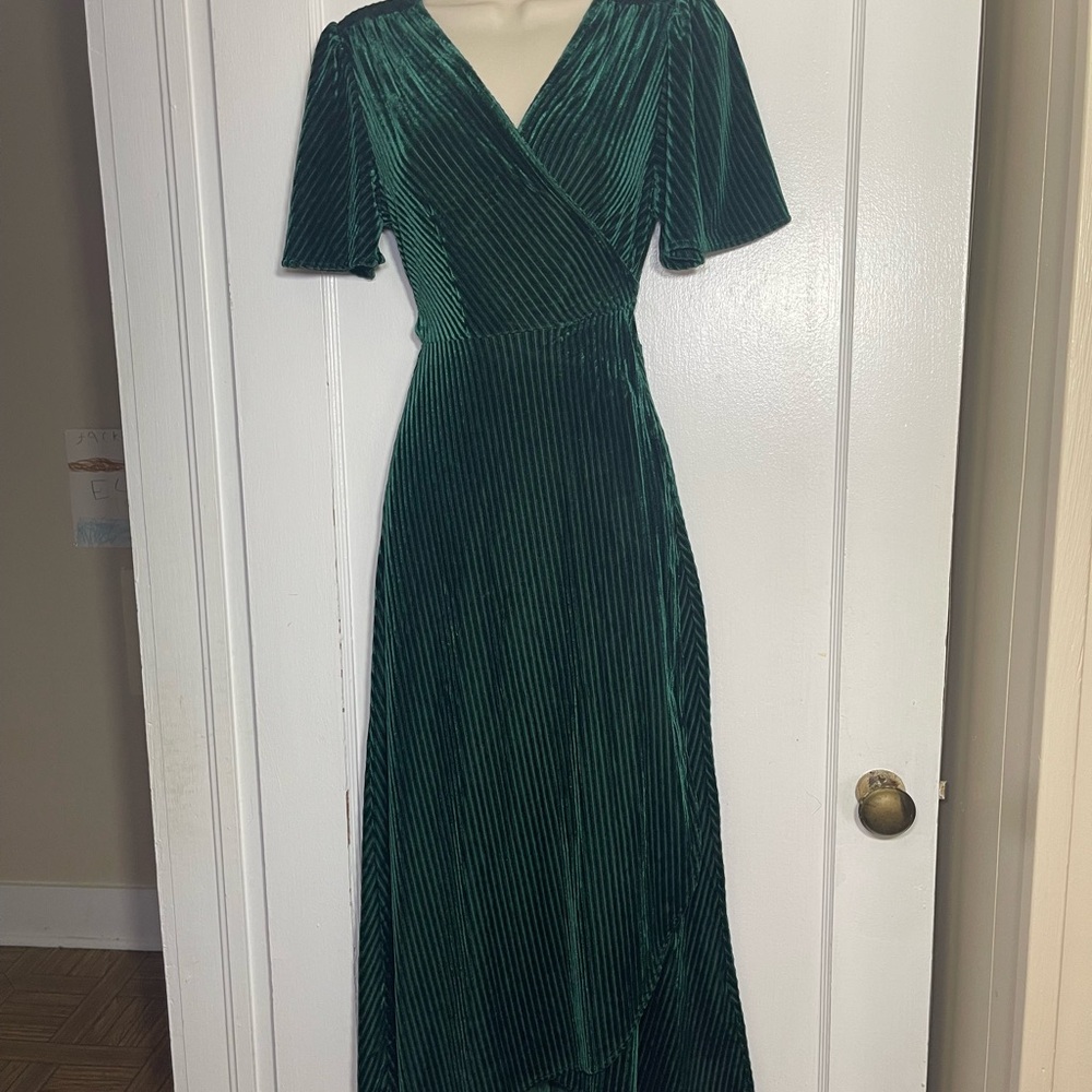 Simple | Green Striped Velvet Maxi Wrap Dress | Small